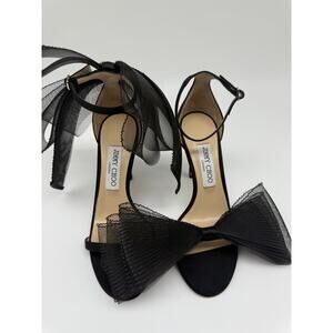 Jimmy Choo Suede Aveline Mesh Bow Accent Heeled Sandals Black Women's Size 38.5